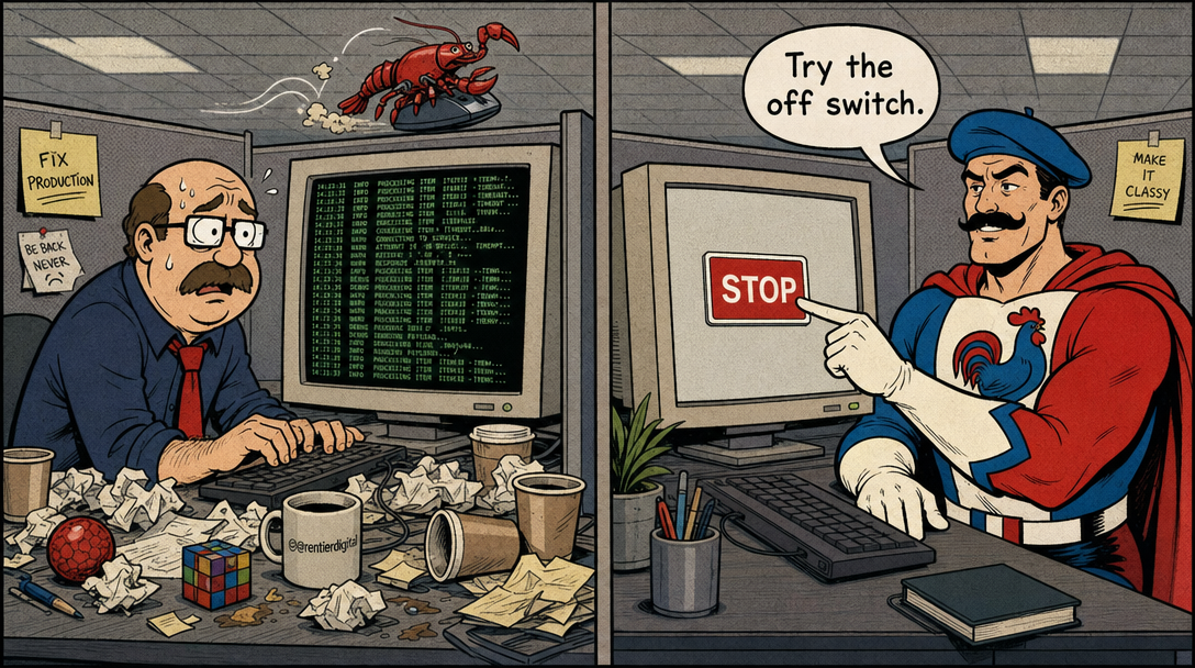 Frazzled office worker staring at endless terminal output while a caped superhero casually points at a stop button; robotic lobster surfs across the desk.