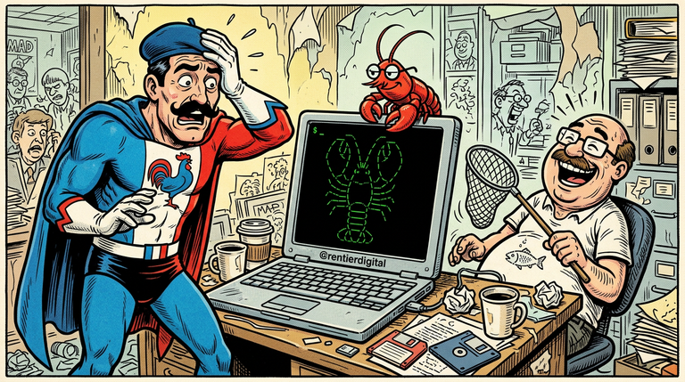 Ilustración cómica de un superhéroe con capa mirando horrorizado una laptop mientras un trabajador de oficina se ríe, sosteniendo una red de pescar con arte ASCII