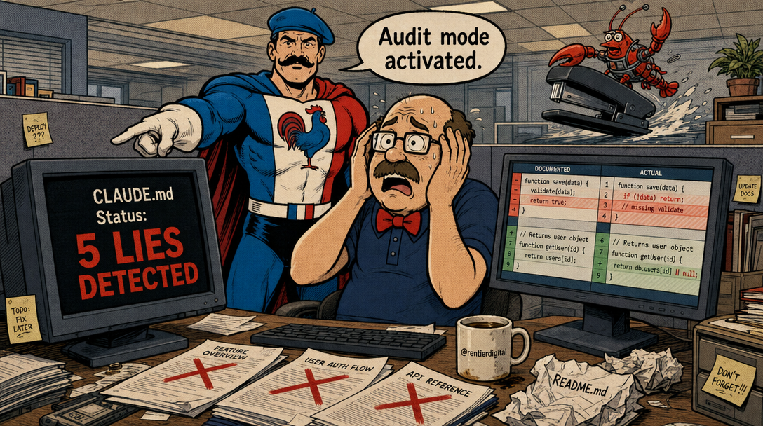 Office worker shocked at monitor showing lie detection results while superhero colleague points at screen; cluttered desk with marked documentation and code diffs