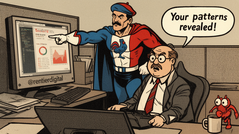Professional workspace with code analysis charts, heroic figure revealing software audit insights
