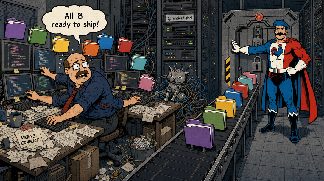 Office worker juggling code folders at a cluttered desk while a caped figure controls one production deployment gate.