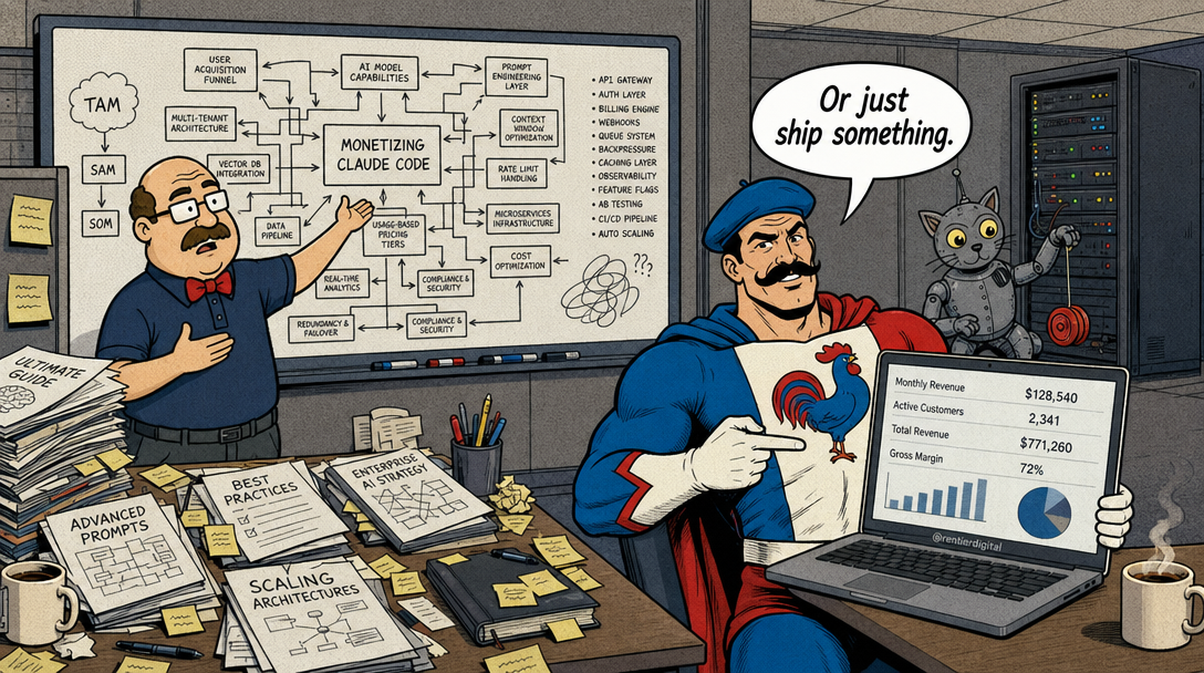 Office worker presenting overcomplicated flowchart versus professional presenting simple business plan with actual revenue on laptop screen