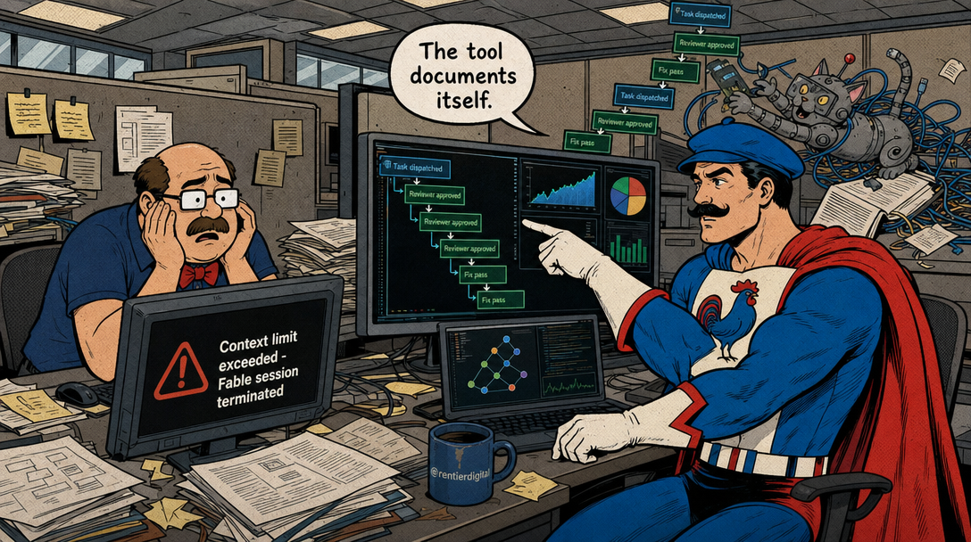 Office worker confused at monitor while caped hero displays AI subagent automation dashboard with cascading task approvals and status updates