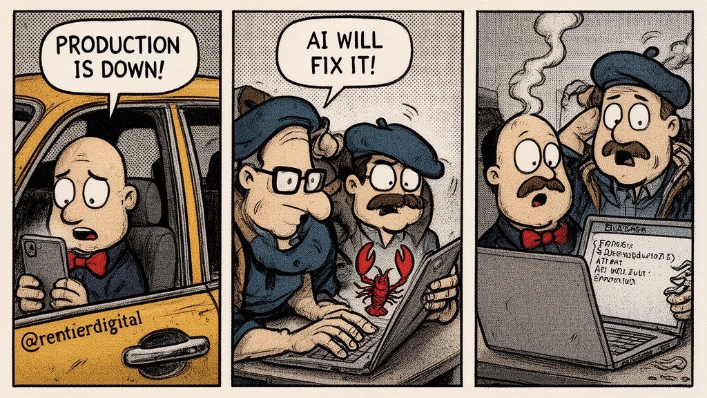 Tech professional debugging code on smartphone with humorous comic strip illustration