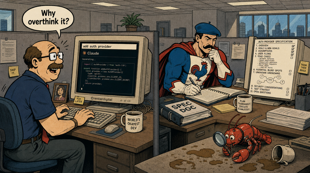 Office worker typing vague prompt while superhero writes exhaustive specs; robot lobster examines desk with magnifying glass
