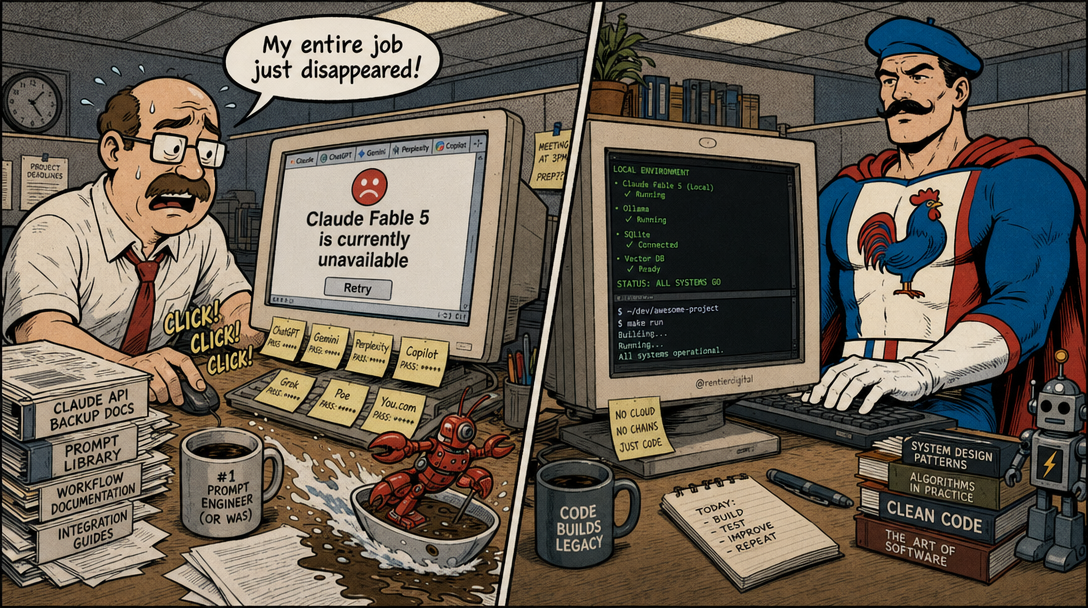 Split-screen office illustration: stressed programmer frantically refreshing with backup docs scattered across desk; confident developer calmly working offline, unaffected by the outage.