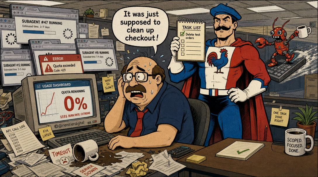 Office worker staring in horror at empty quota dashboard while caped hero holds a scoped task list behind him, surrounded by chaos of failed AI agents and spinning loaders