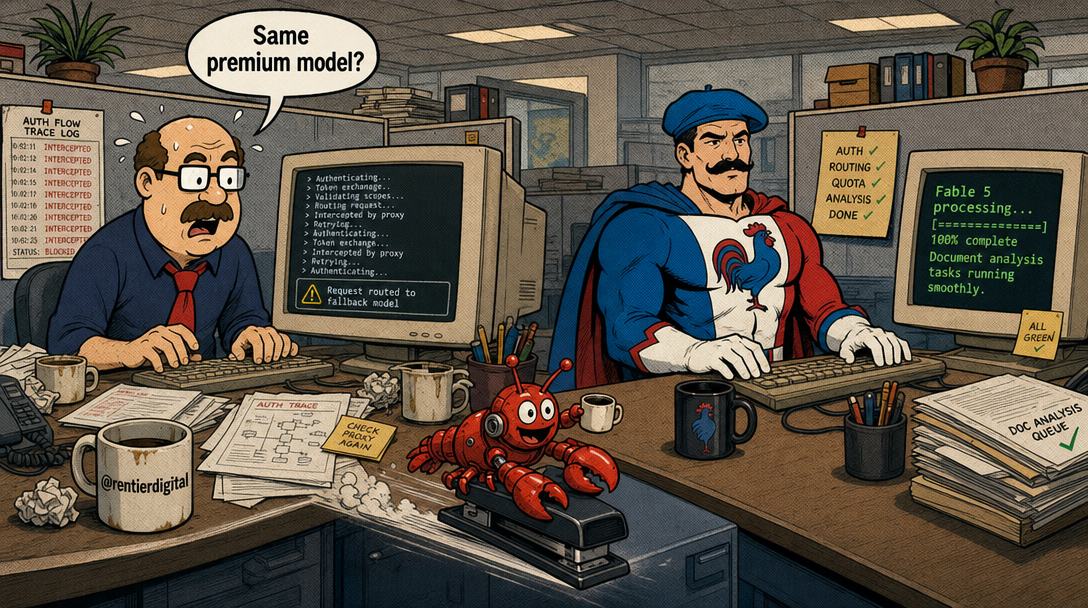 Office worker staring at fallback model notification while superhero colleague effortlessly processes requests at adjacent desk