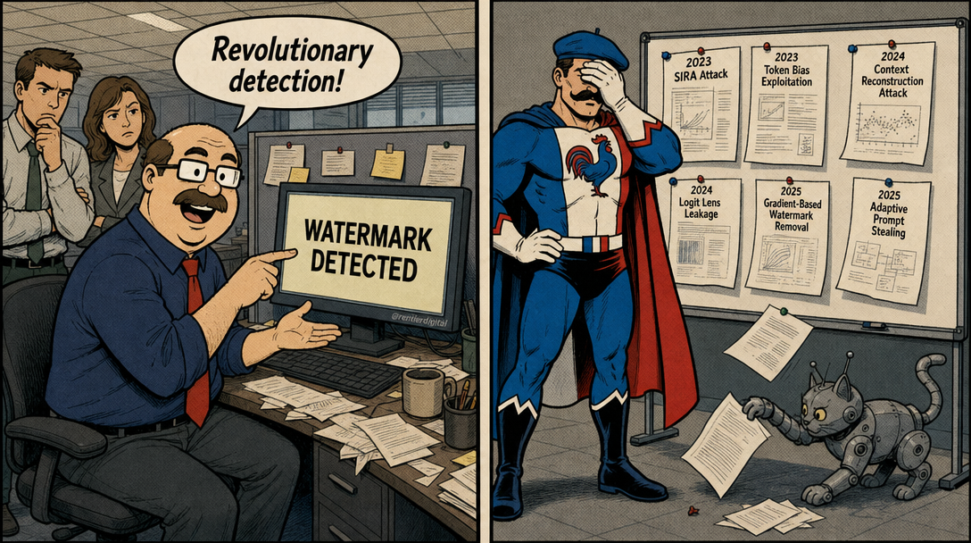 Office worker proudly pointing at watermark detection while caped figure face-palms next to 2023-2025 research papers showing prior exploits