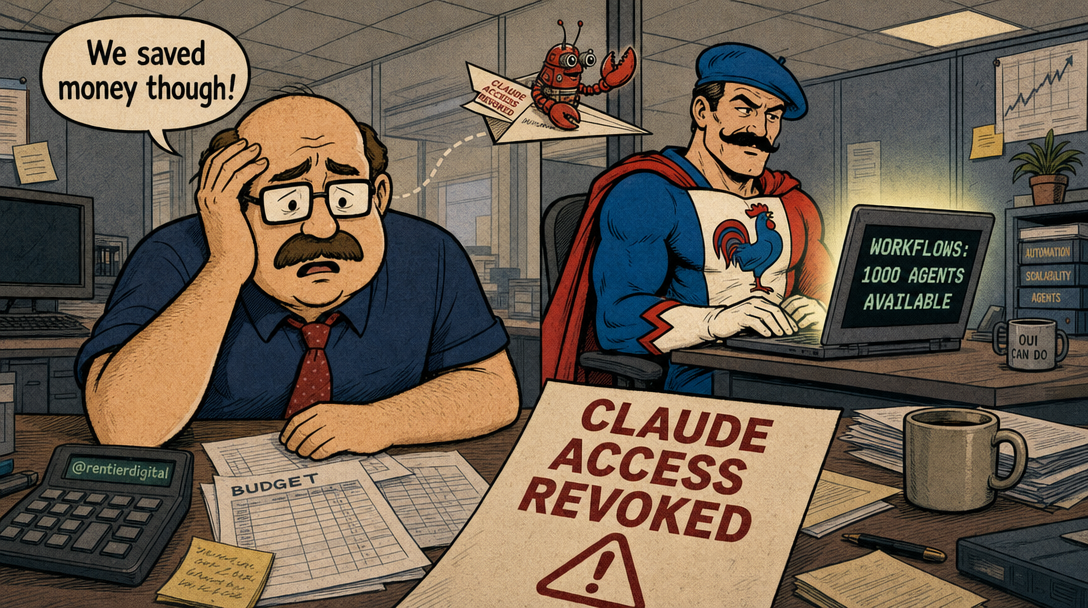 Split-screen office scene: anxious worker at desk with revocation notice and budget spreadsheets; confident developer in background typing on personal laptop with 1000 agents available displayed. Cartoon robotic lobster on paper airplane.
