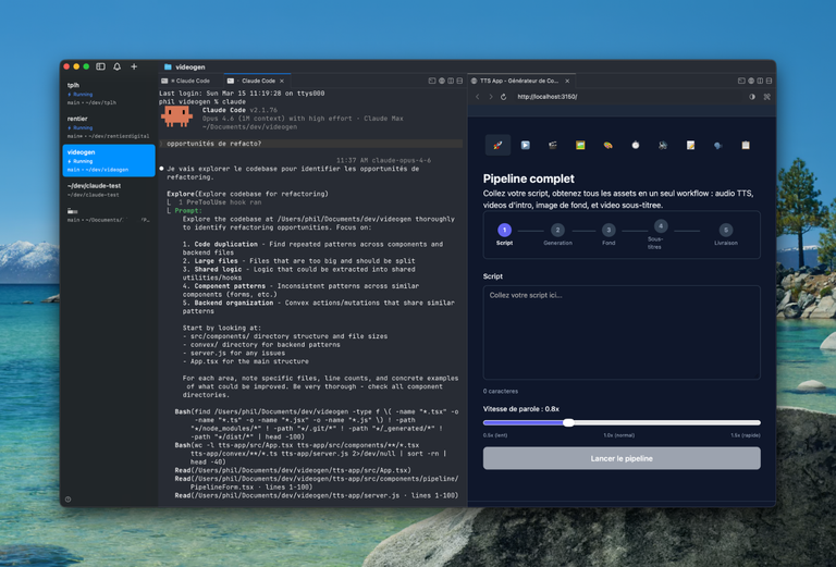 cmux terminal interface showing split-screen with code session and WebKit browser rendering