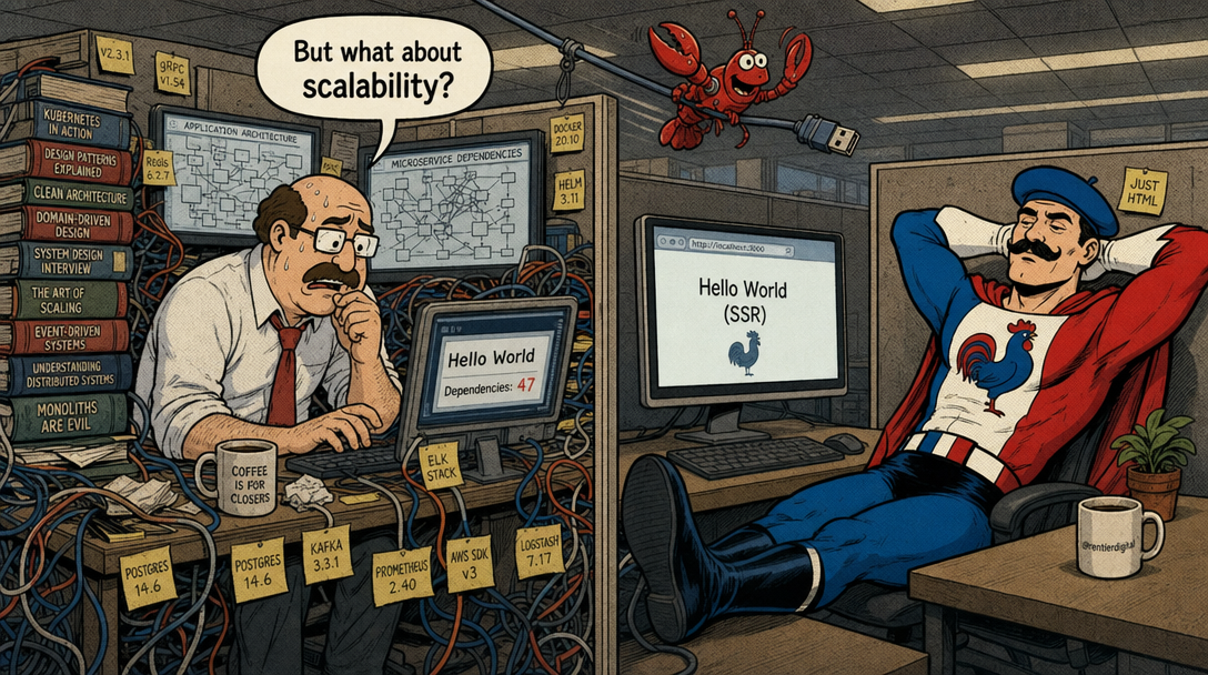 Split-screen office workspace showing two developers with contrasting tech approaches: one overwhelmed by complex architecture and dependencies, the other relaxed with minimal setup, separated by a robotic lobster riding a USB cable.