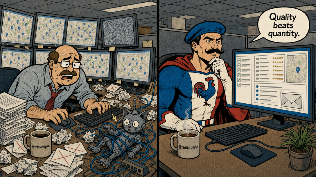 Split-screen comparison of chaotic mass email outreach versus strategic targeted prospecting with a robotic cat tangled in cables