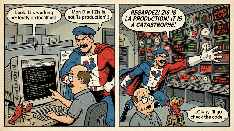 Comic illustration comparing software development stages with AI monitoring