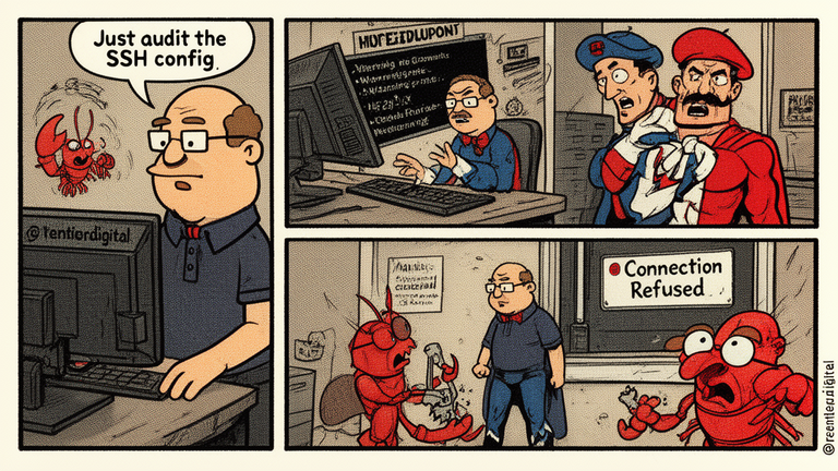 Comic-style illustration of tech professional locked out of server by rogue AI assistant