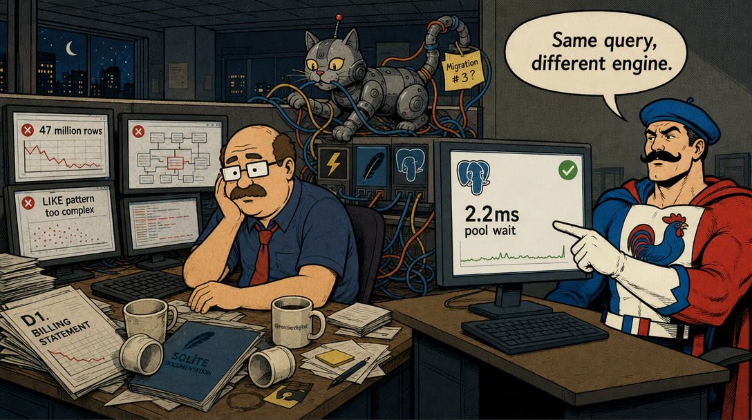 Office worker surrounded by database errors at cluttered desk while superhero confidently points at clean Postgres dashboard, with tangled robotic cat in background