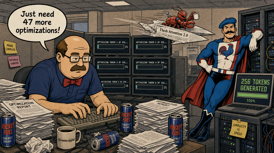 Tired office worker surrounded by optimization papers versus confident developer with fast AI model running efficiently on laptop
