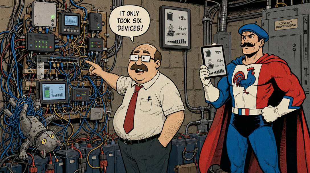 Office worker points at tangled cables and devices; caped hero holds e-ink battery display, robot cat tangled in cords.