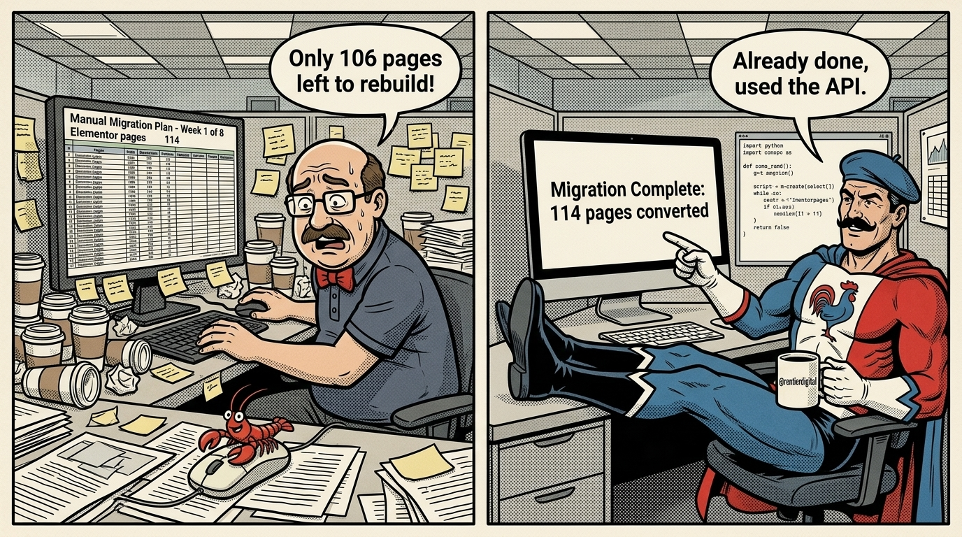 Développeur penché sur un tableur avec 114 pages vs développeur les pieds en l'air montrant une migration terminée grâce à un script API