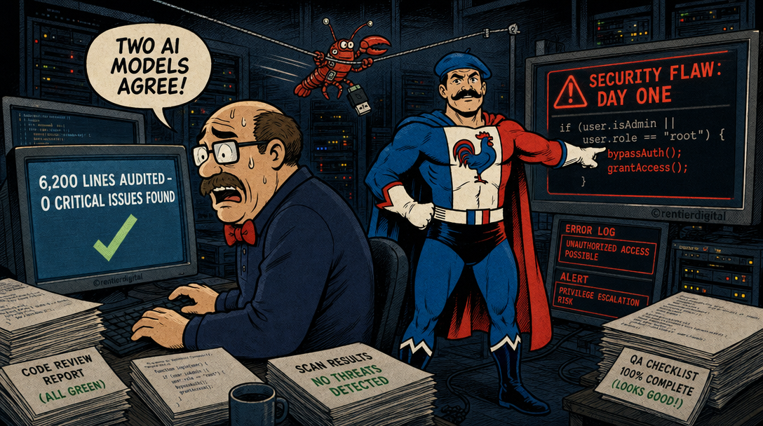 Office worker and superhero character both missing an obvious security flaw on their monitors in a server room