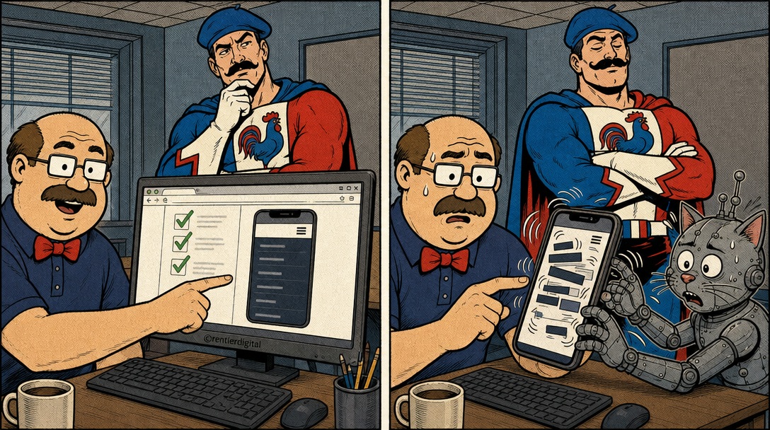 Comic illustration showing testing vs reality: office worker celebrating passed tests on desktop, then panicking as mobile menu jumps chaotically on iPhone screen
