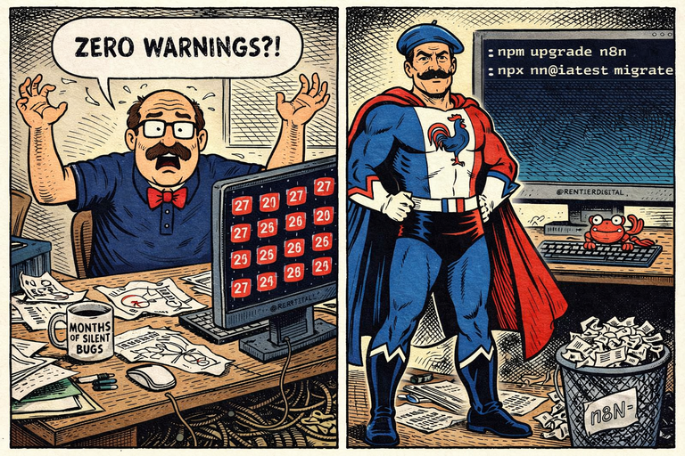 Two developers solving complex workflow automation problem with comic book style illustration