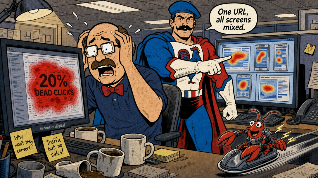 Office worker staring at chaotic red heatmap data while superhero points to organized analytics on separate screen, with mechanical lobster riding computer mouse