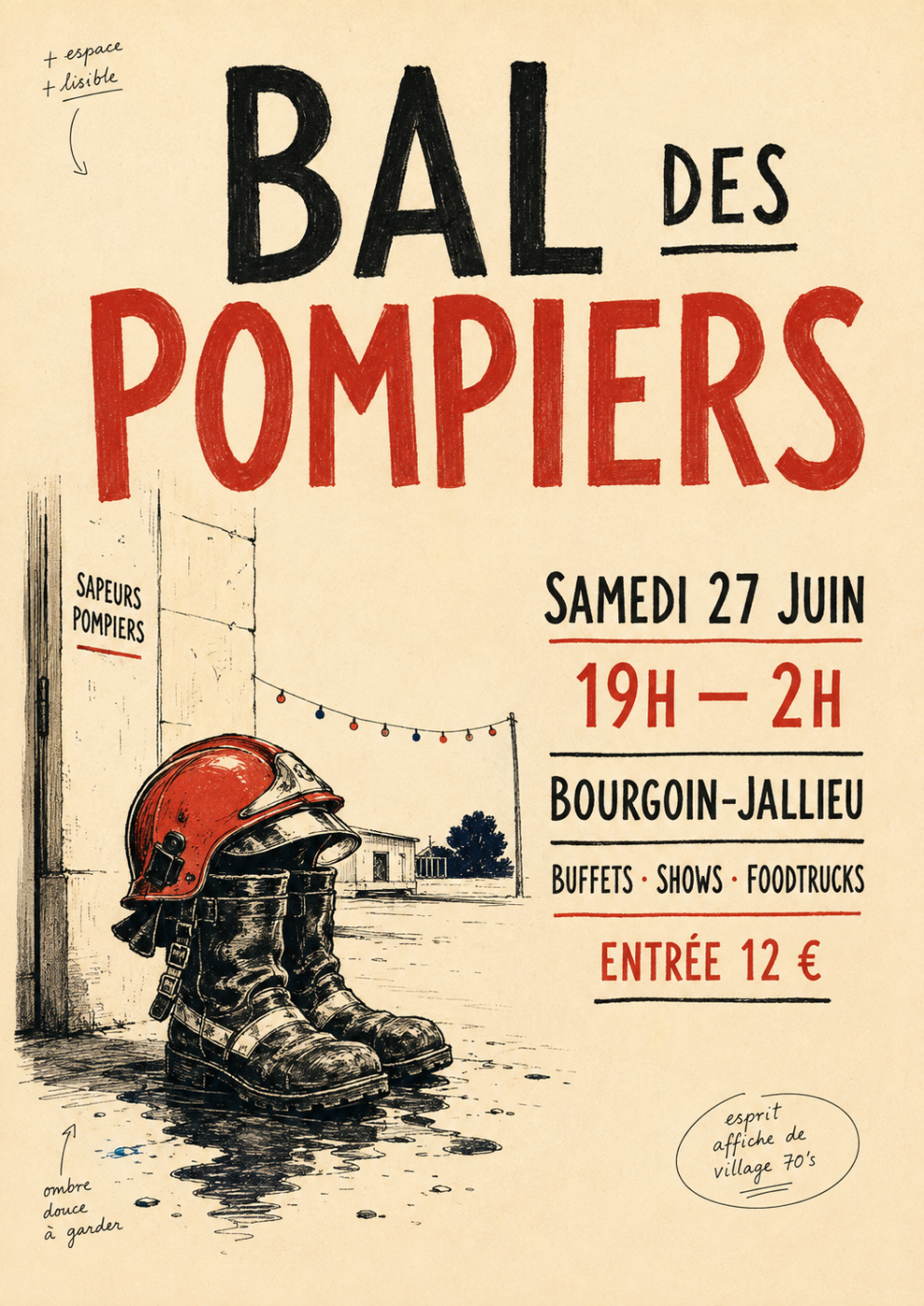 Hand-drawn French firefighters ball poster with worn boots, red helmet and string lights