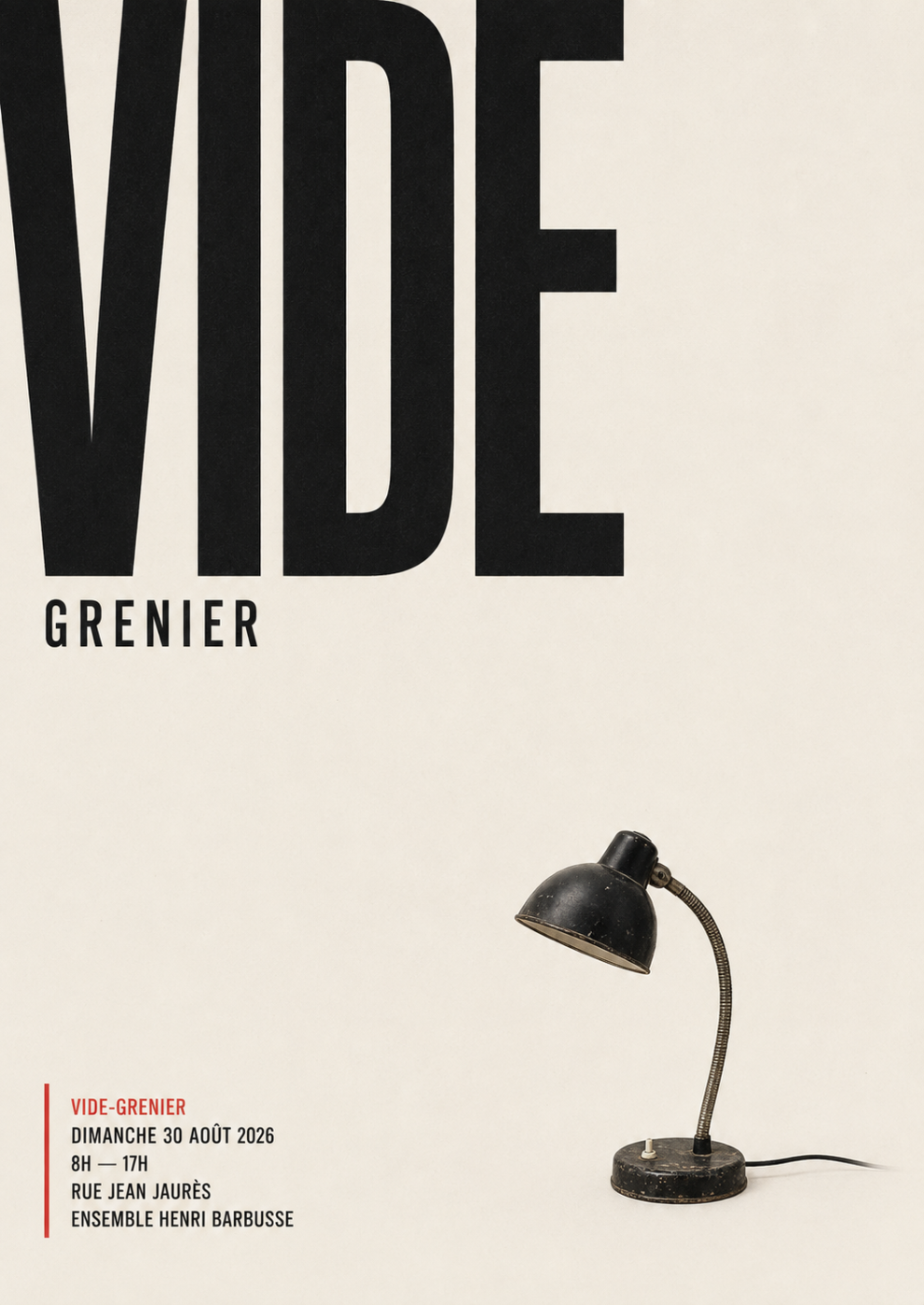 Minimalist French flea market poster with oversized VIDE typography and a single vintage desk lamp