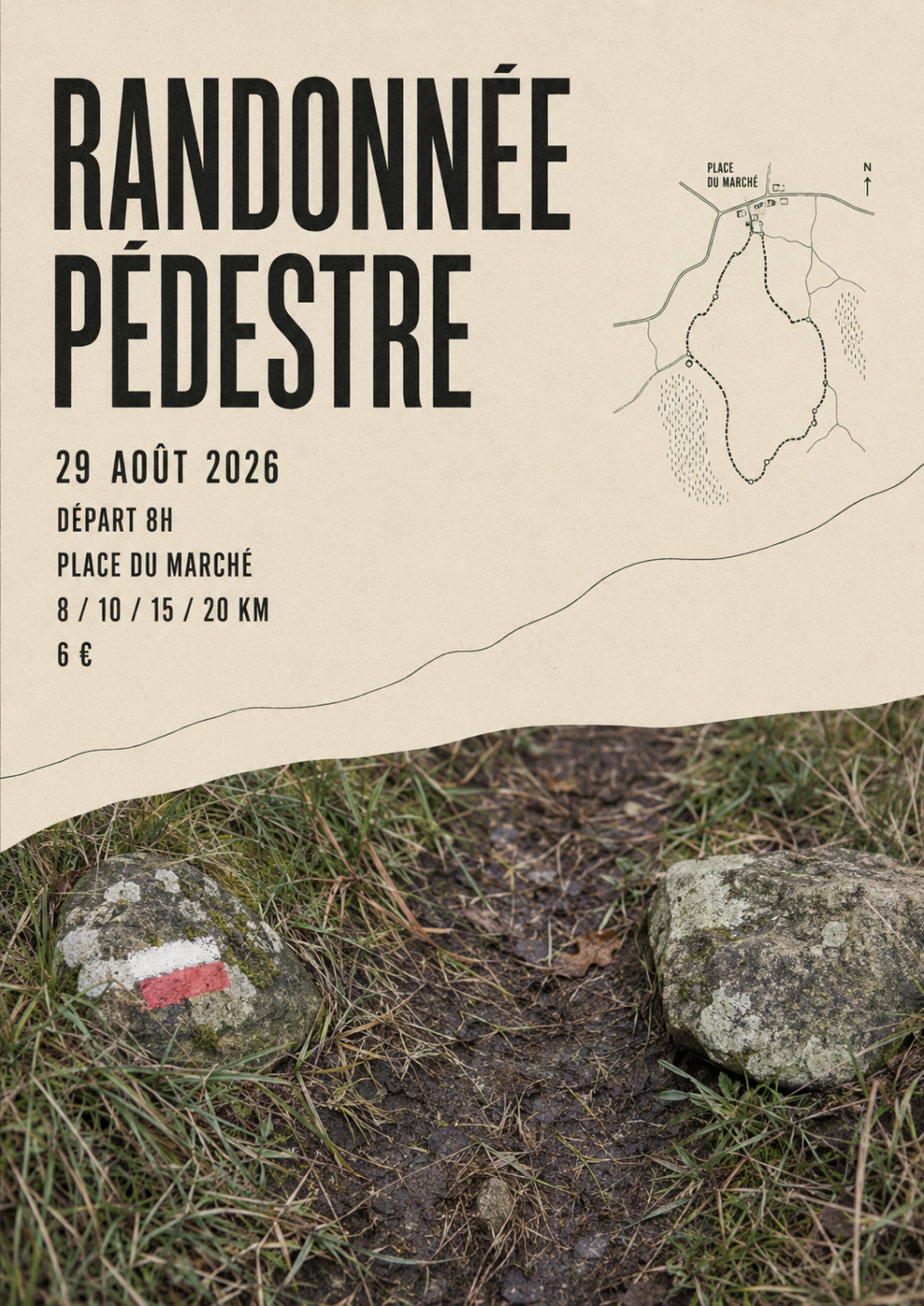 Editorial French hiking poster with a muddy trail marker, route map and large black typography
