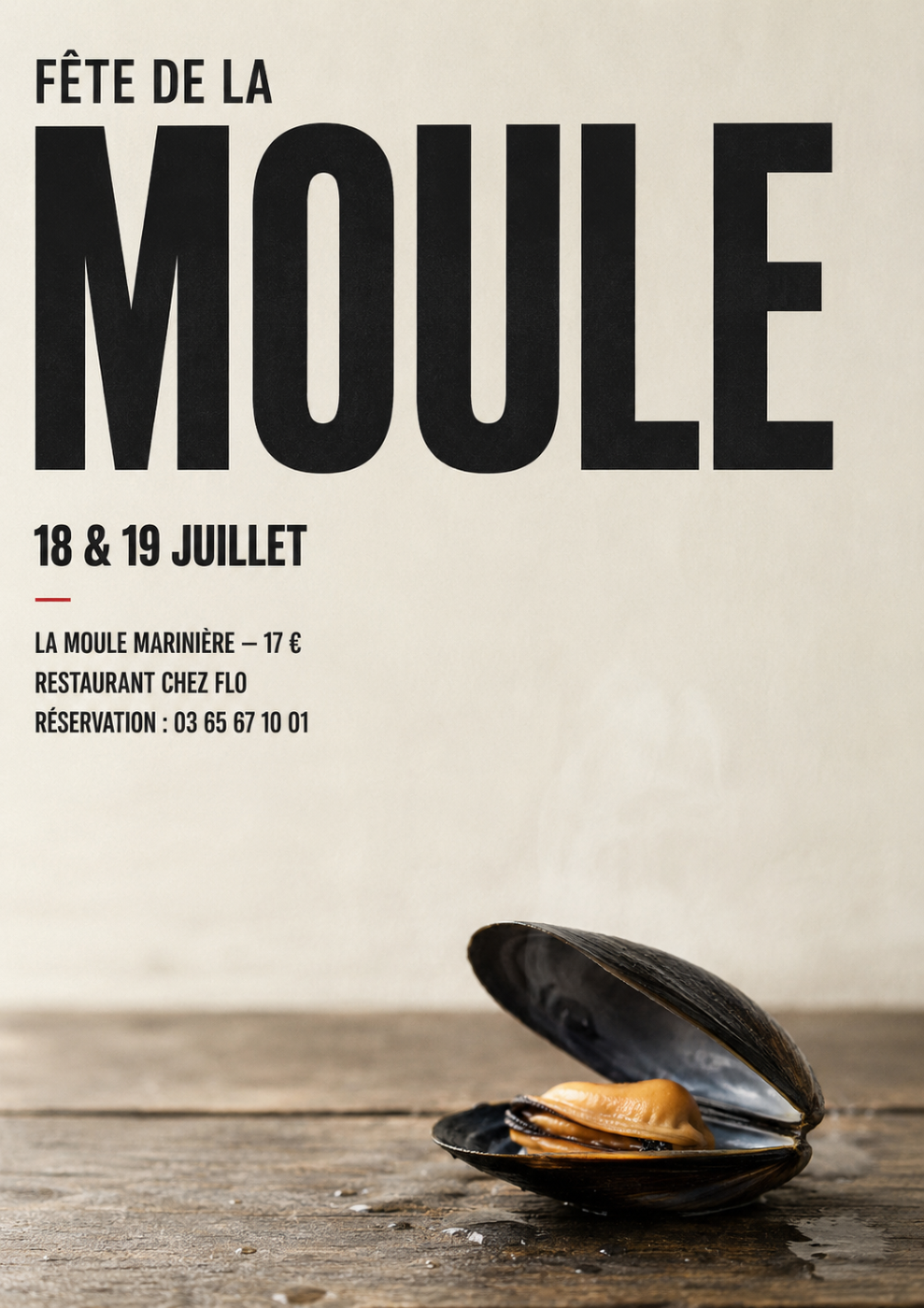 Minimalist French mussel festival poster featuring one open mussel on a wooden table