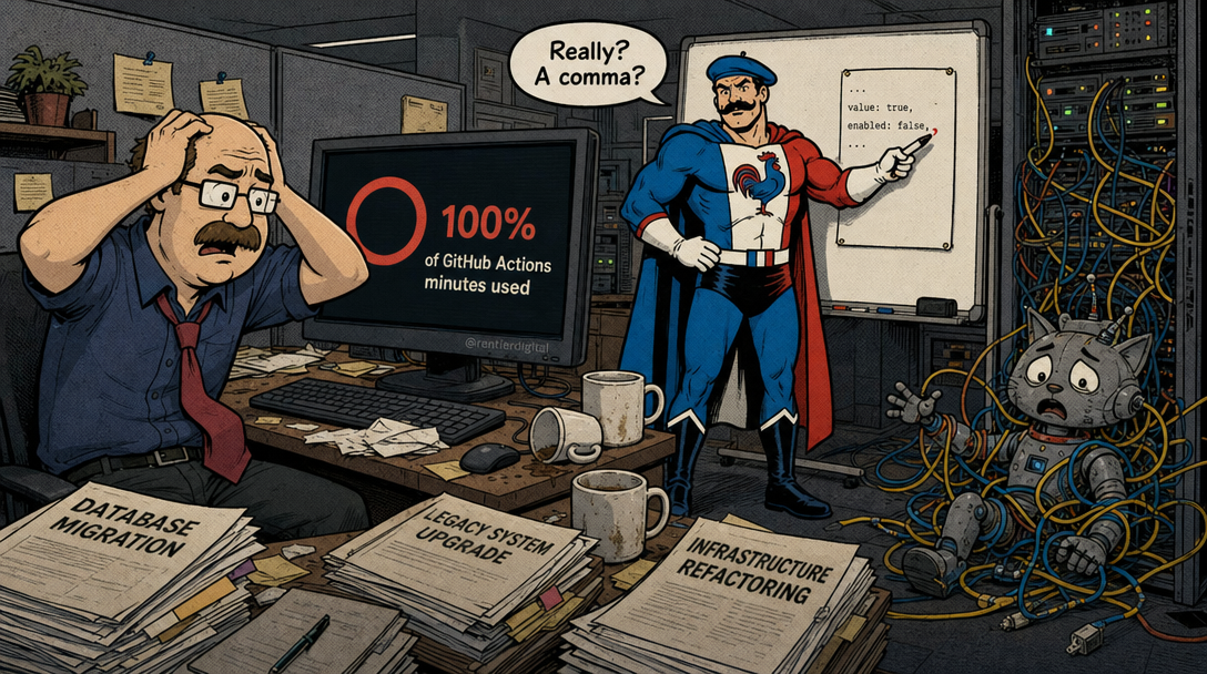 Frustrated office worker staring at maxed-out GitHub Actions minutes while a caped hero points at a tiny comma change on a whiteboard, with a tangled robotic cat amid server cables.