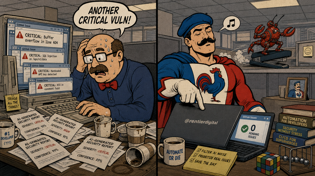 Cover illustration – A split-screen office scene showing two developers at adjacent desks dealing with GitHub issue notificat