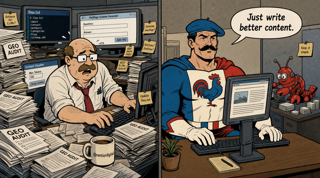 Ilustración de oficina dividida: trabajador estresado rodeado de herramientas SEO obsoletas vs. héroe confiado escribiendo en escritorio limpio con estrategia de contenido simple
