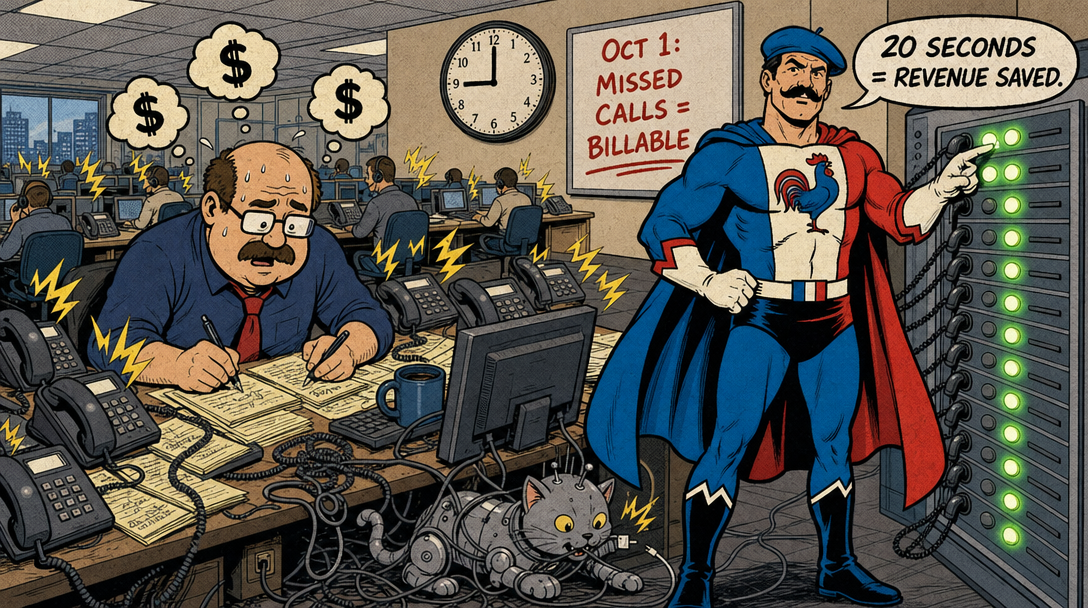 Office worker overwhelmed by missed calls vs. automated system hero managing calls effortlessly, with robotic cat tangled in cords