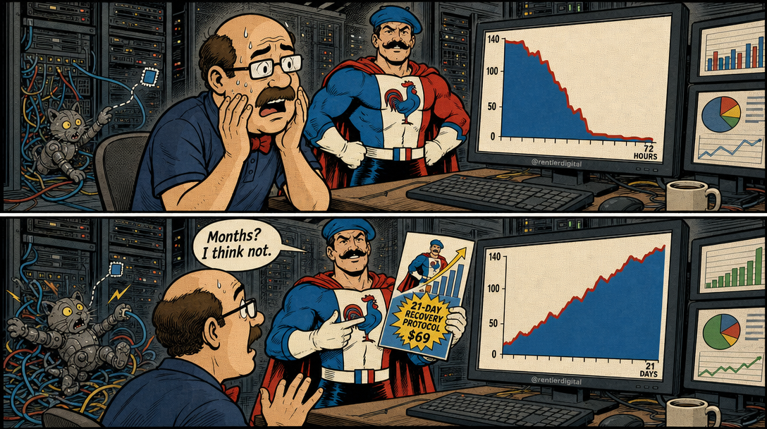 Developer watches plummeting search traffic graph as caped figure holds recovery protocol brochure in a data center