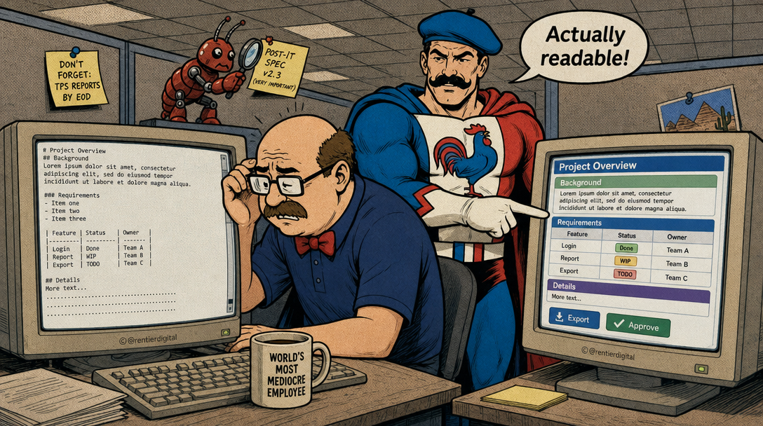 Trabajador de oficina abrumado por texto markdown infinito en el monitor, mientras una figura de superhéroe señala una interfaz HTML limpia con tablas organizadas y botones