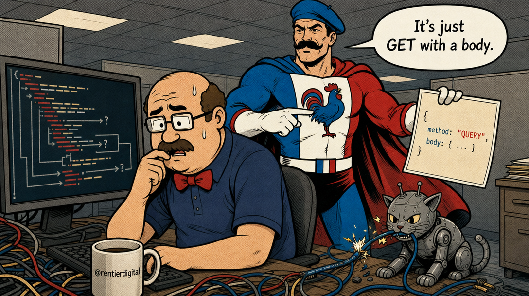 Office worker overwhelmed by complex code while caped hero confidently presents simple query method, with robot cat sabotaging the setup
