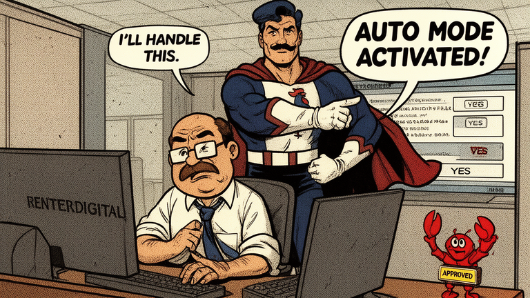 Exhausted office worker overwhelmed by permission dialogs, AI superhero takes over computer workflow