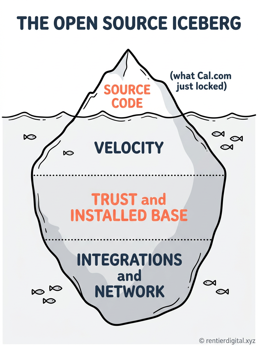 Iceberg diagram. Small visible tip above waterline labeled "SOURCE CODE" (what Cal.com just locked). Massive submerged base with three zones: VELOCITY, TRUST and INSTALLED BASE, INTEGRATIONS and NETWORK