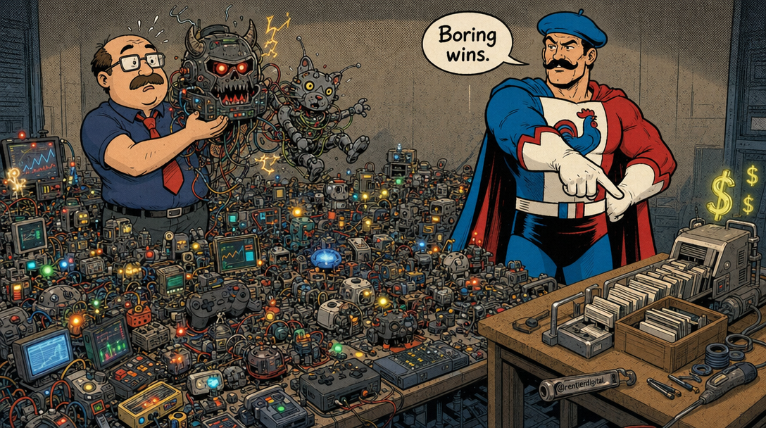 Office worker shows off flashy robots and gadgets; a caped hero points to a simple label sorter making money.