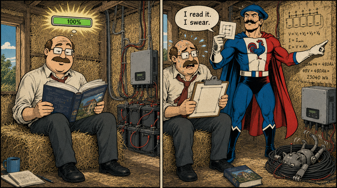 90s comic: office worker with a book and progress bar, then panicking over battery diagrams, superhero, and mechanical cat.