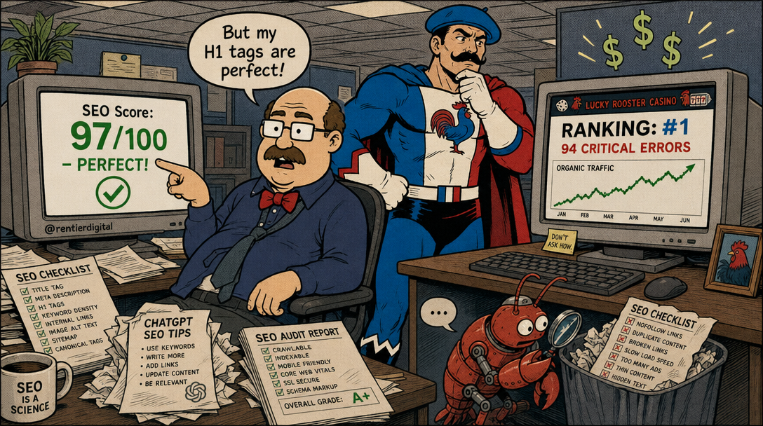 Office worker proudly showing perfect SEO score while colleague observes competitor ranking higher with critical errors; robotic lobster examines discarded checklist