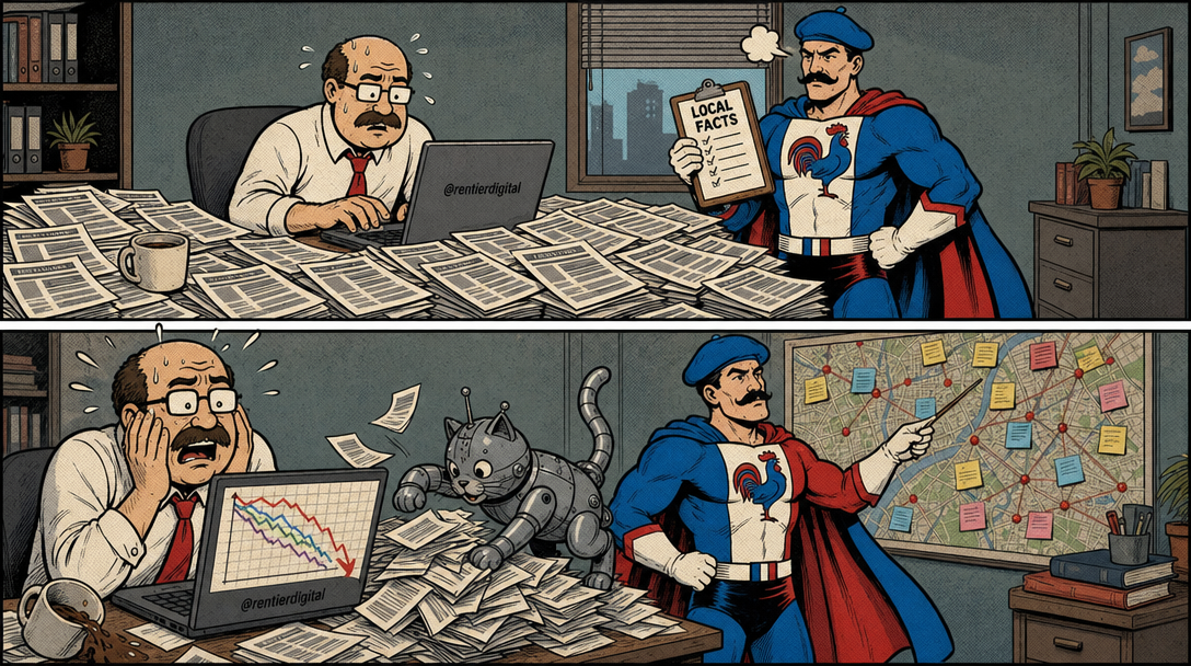 Office worker frantically typing template content at desk while superhero figure with clipboard shakes head disapprovingly; second panel shows plummeting rankings and robotic cat scattering papers