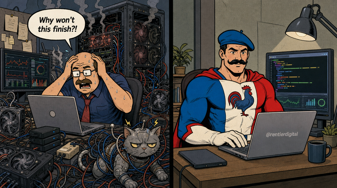 Office worker frustrated at slow API responses versus developer confidently running fast local AI model on laptop, retro comic style illustration