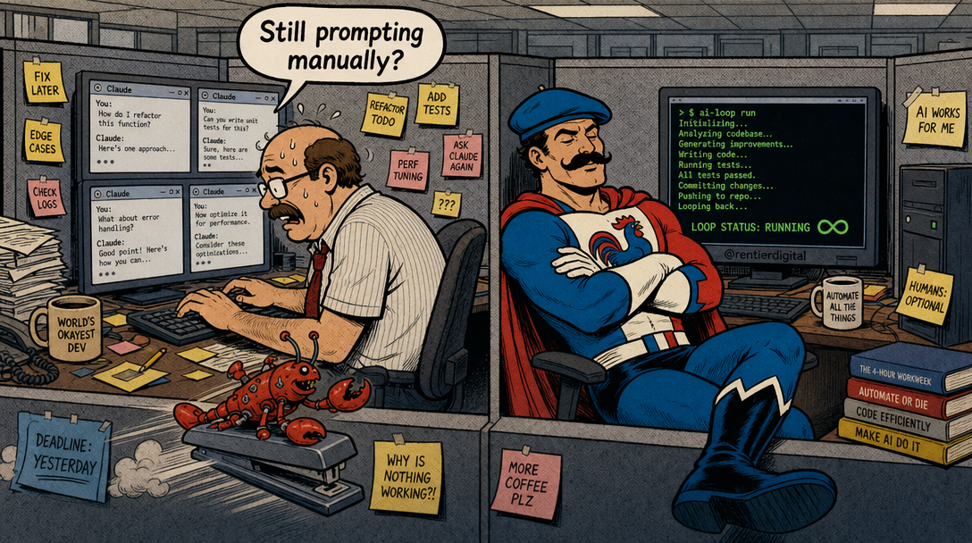 Two developers at office desks: one frantically typing with multiple chat windows open, the other relaxed with automated code generation running on loop