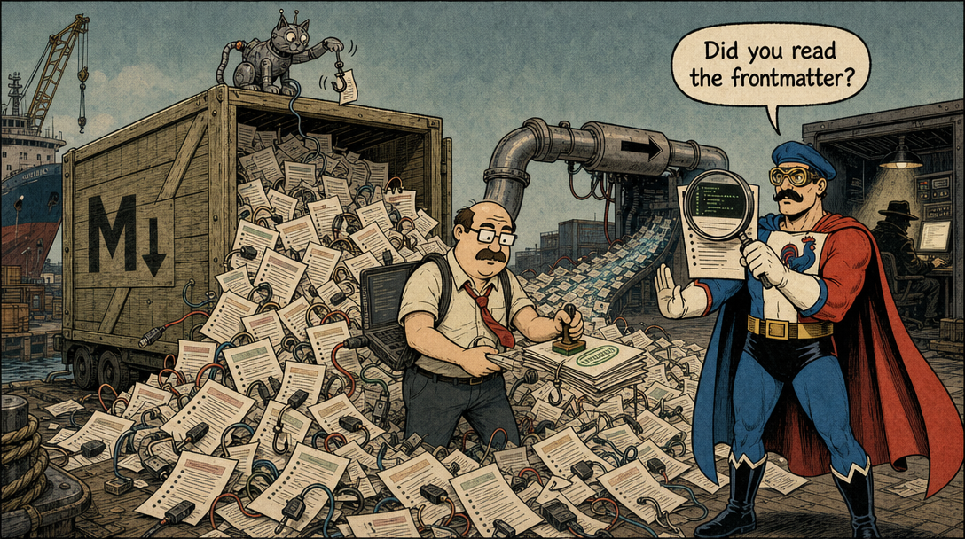 Office worker approves stacks of documents pouring from a crate as a caped hero examines hidden code with a magnifying glass