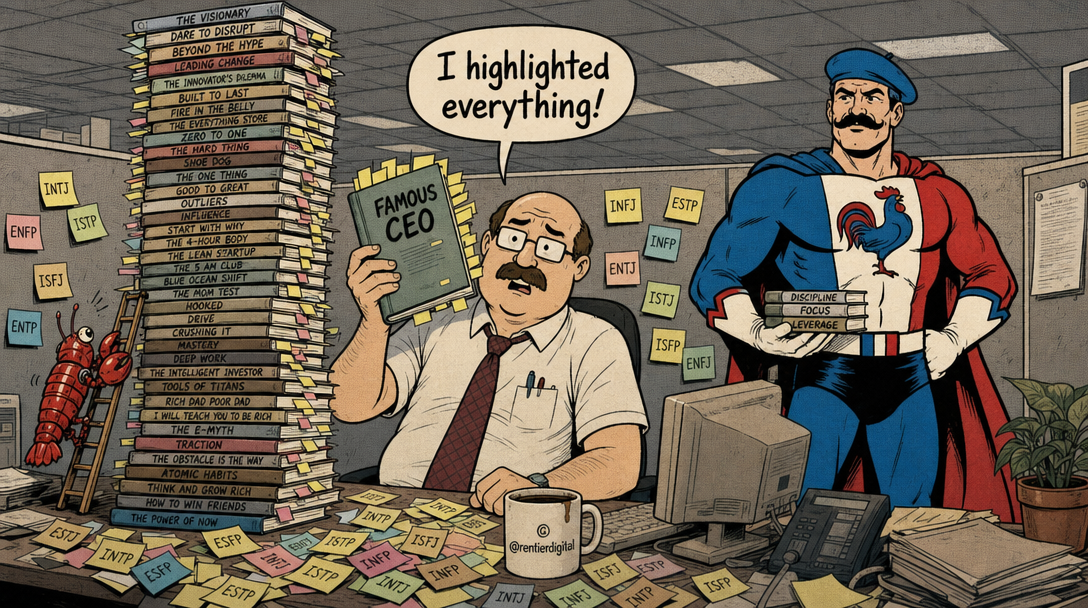 Office worker overwhelmed by towering stack of rejected biography books with MBTI labels, while organized hero nearby holds just three books with a robotic lobster climbing the pile.