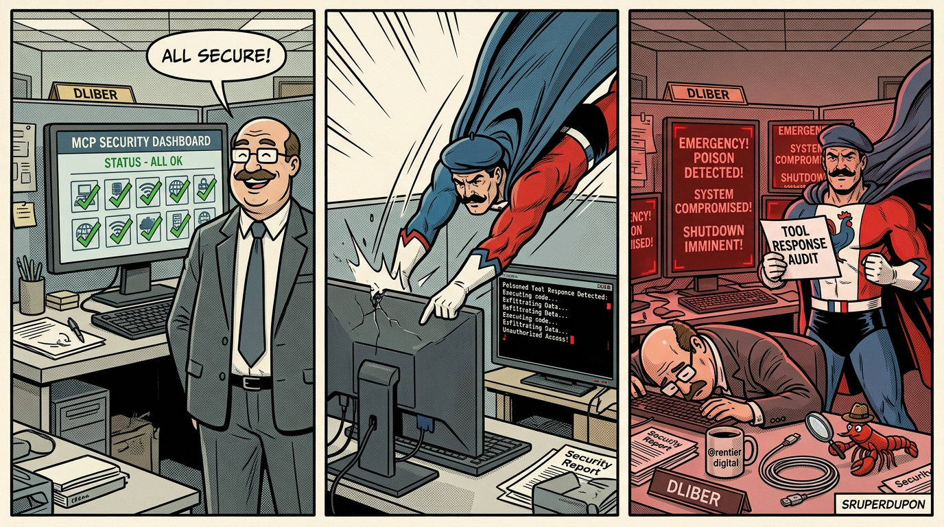 Ilustración estilo cómic de escena de oficina mostrando desarrollador descubriendo vulnerabilidades de seguridad en servidor MCP con personaje dramático usando capa, alertas rojas de advertencia, y langosta detective examinando cables.