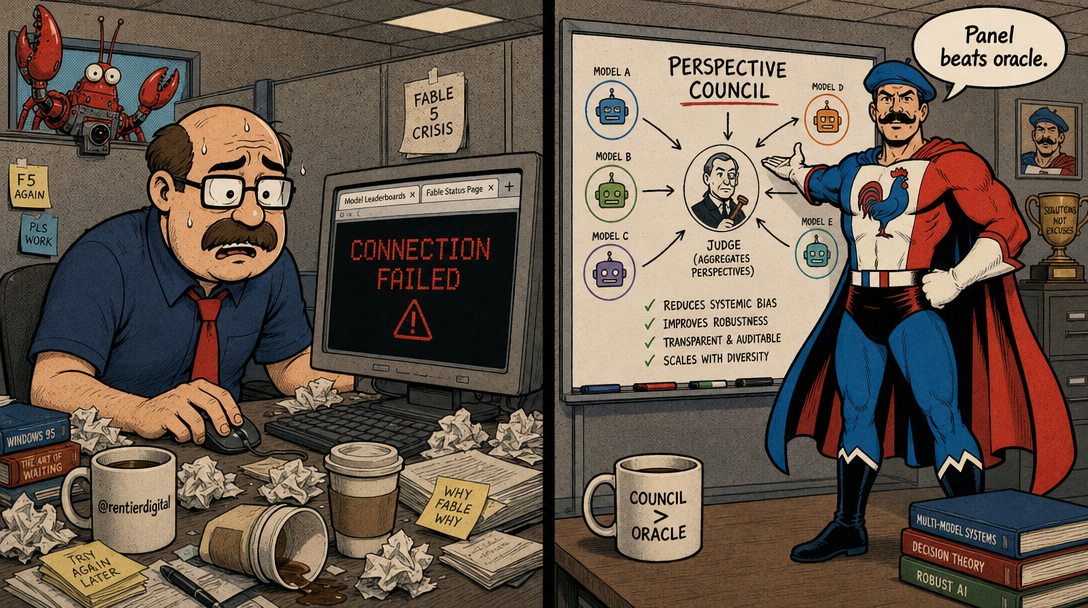 Split-screen office illustration: stressed worker refreshing error pages vs. confident developer presenting a multi-model solution diagram on whiteboard